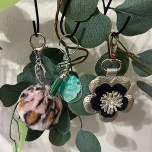 NWOT 3 pc lot Bag charms, Leopard Print, Floral Keychain and Work Hard Dream Big